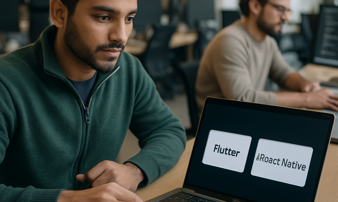 Side by side comparison of Flutter vs React Native frameworks on a developer's laptop screen