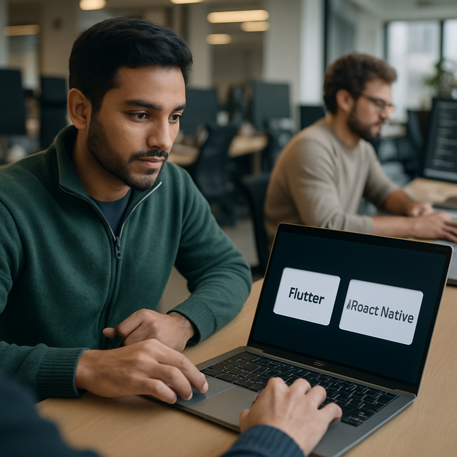 Side by side comparison of Flutter vs React Native frameworks on a developer's laptop screen