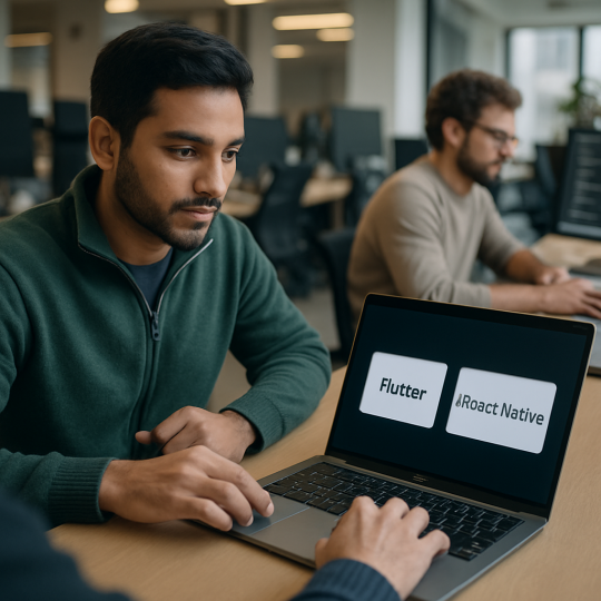Side by side comparison of Flutter vs React Native frameworks on a developer's laptop screen