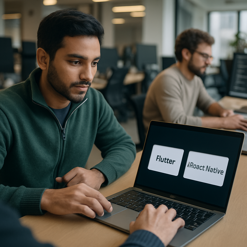 Side by side comparison of Flutter vs React Native frameworks on a developer's laptop screen