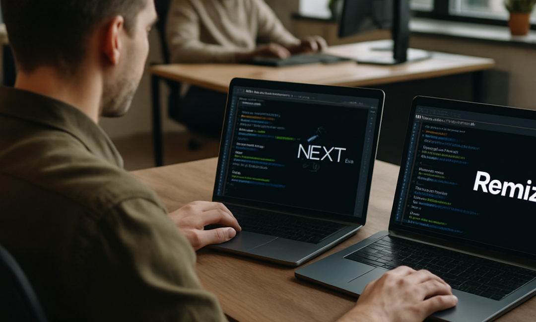 Developer comparing Next.js vs Remix framework features on a dual monitor setup