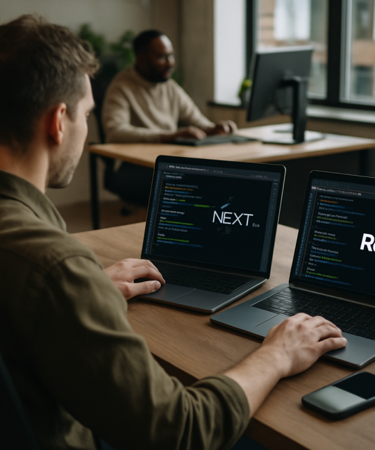 Developer comparing Next.js vs Remix framework features on a dual monitor setup
