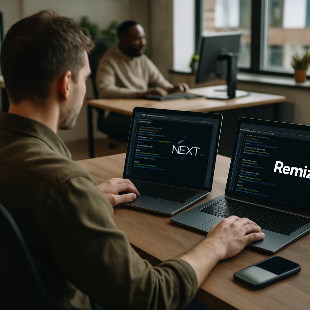 Developer comparing Next.js vs Remix framework features on a dual monitor setup