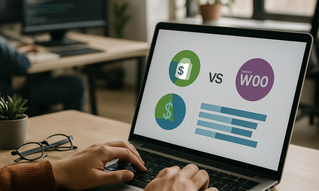 Side by side comparison chart showing Shopify vs WooCommerce dashboards for 2026 online stores