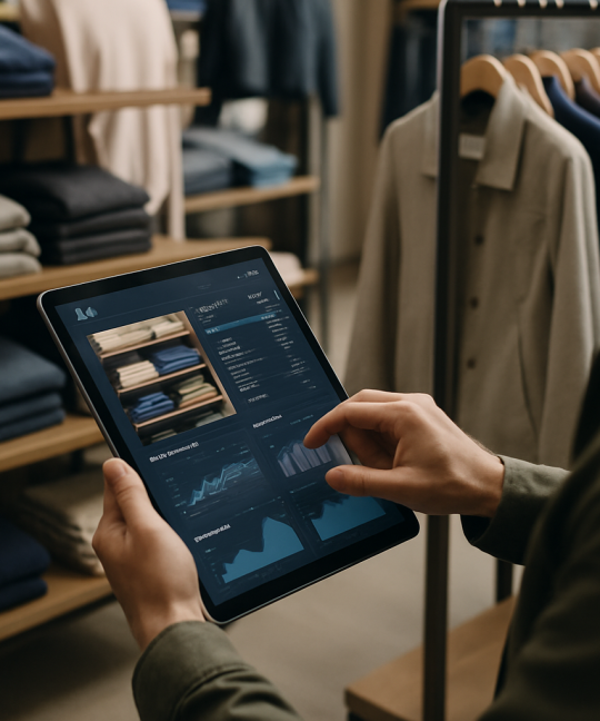 Retail store manager reviewing AI inventory automation dashboard on tablet