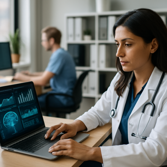 Clinic staff reviewing an AI predictive analytics dashboard on a monitor