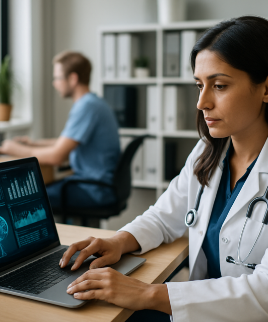 Clinic staff reviewing an AI predictive analytics dashboard on a monitor
