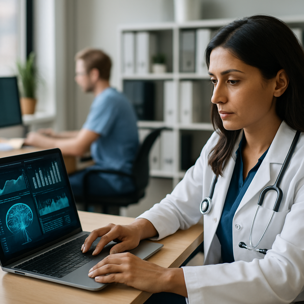 Clinic staff reviewing an AI predictive analytics dashboard on a monitor