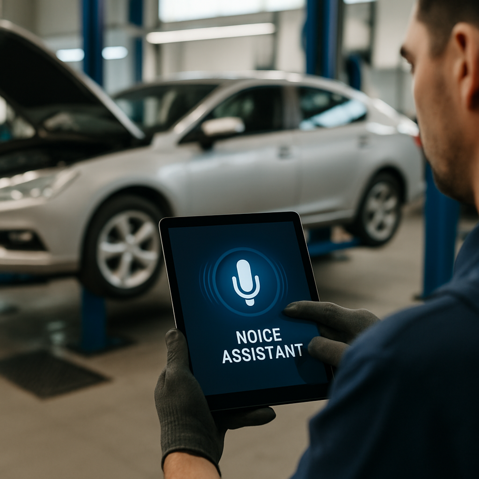 Auto mechanic using an AI voice assistant on a tablet inside a repair shop