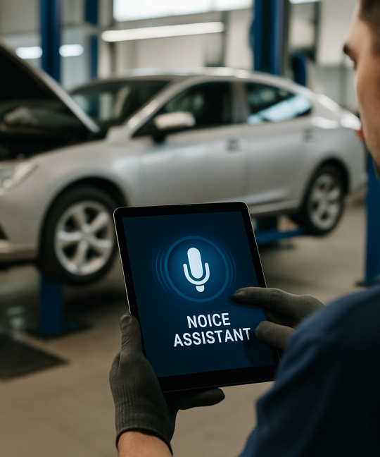 Auto mechanic using an AI voice assistant on a tablet inside a repair shop