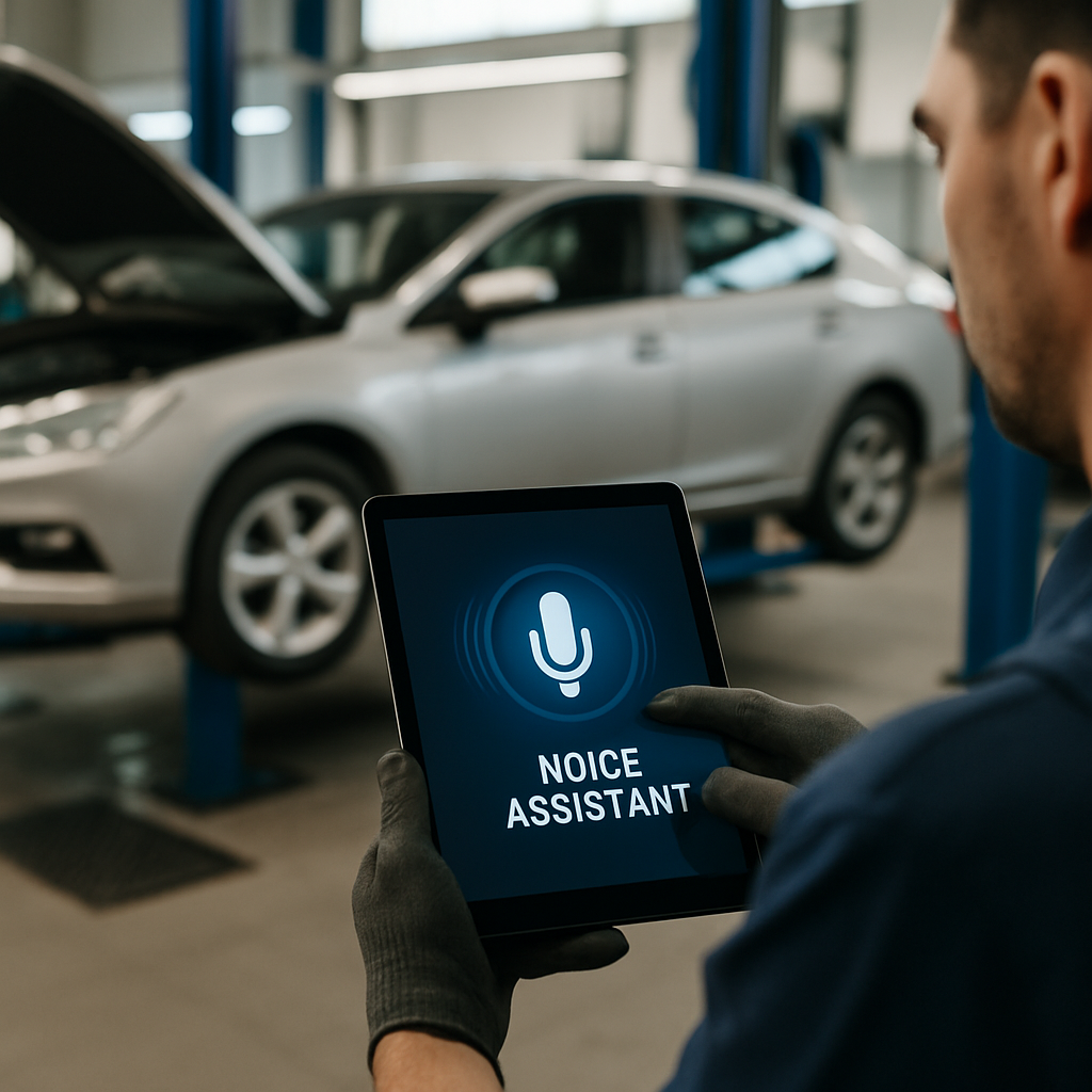 Auto mechanic using an AI voice assistant on a tablet inside a repair shop