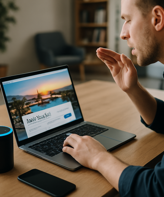 Hotel receptionist using an AI voice assistant to confirm a guest booking