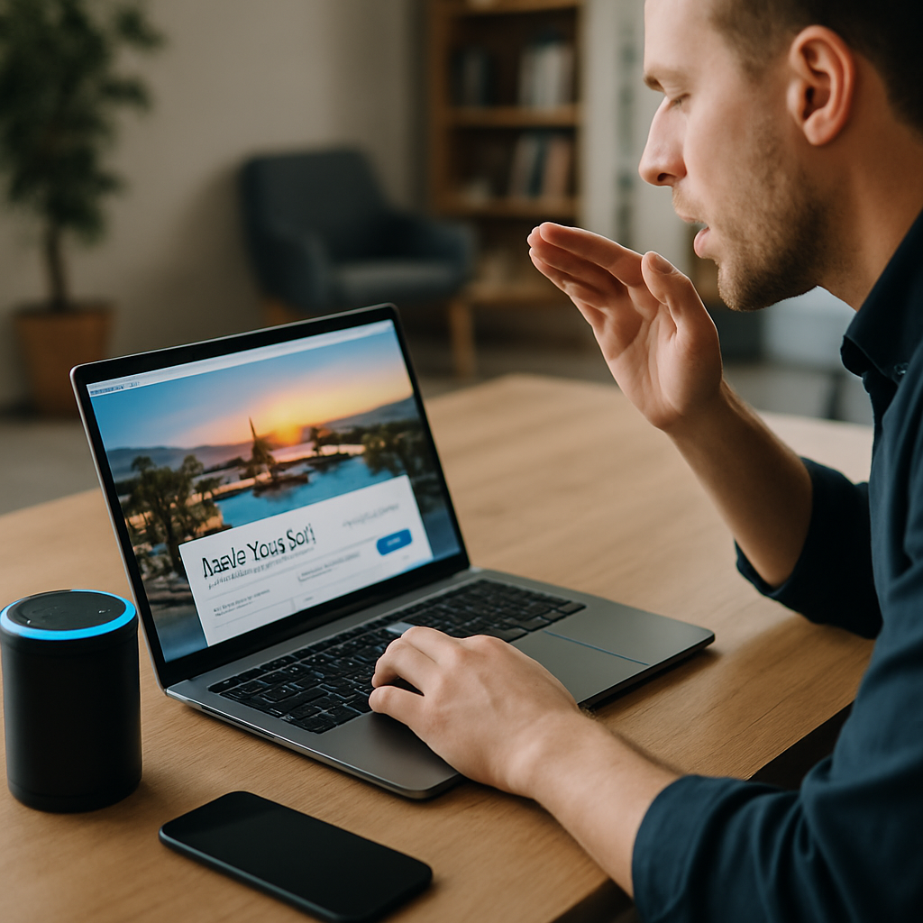 Hotel receptionist using an AI voice assistant to confirm a guest booking