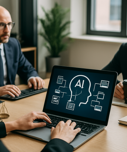 Lawyer reviewing AI workflow automation dashboard for a modern law firm