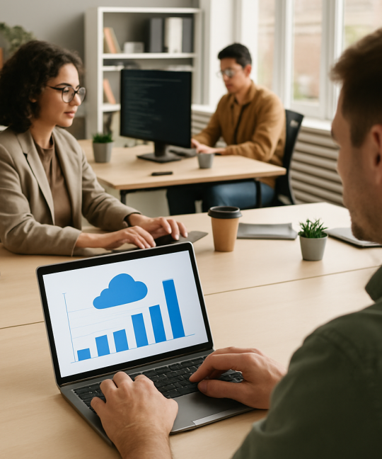 SaaS founder reviewing cloud cost optimization dashboard on laptop