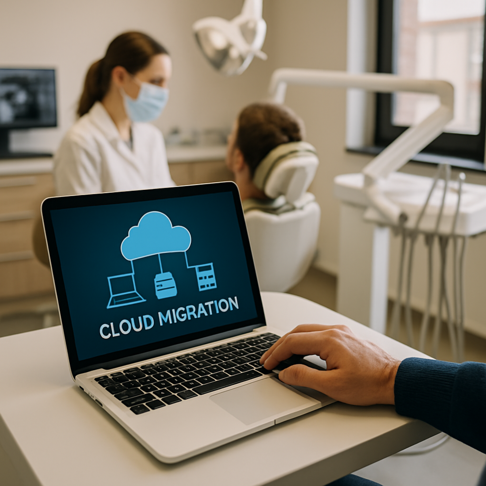 Dentist reviewing patient charts on a tablet powered by dental cloud migration software
