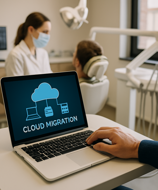 Dentist reviewing patient charts on a tablet powered by dental cloud migration software