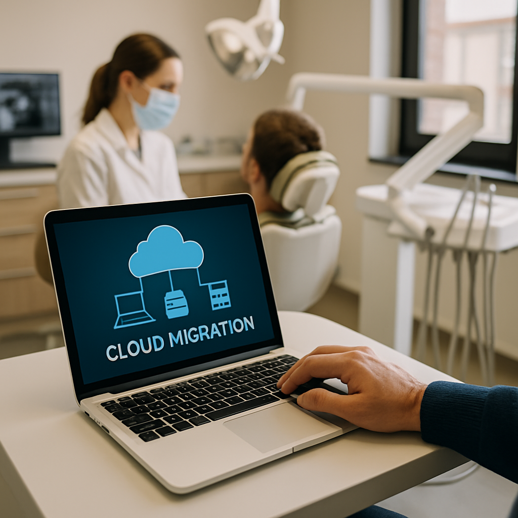 Dentist reviewing patient charts on a tablet powered by dental cloud migration software