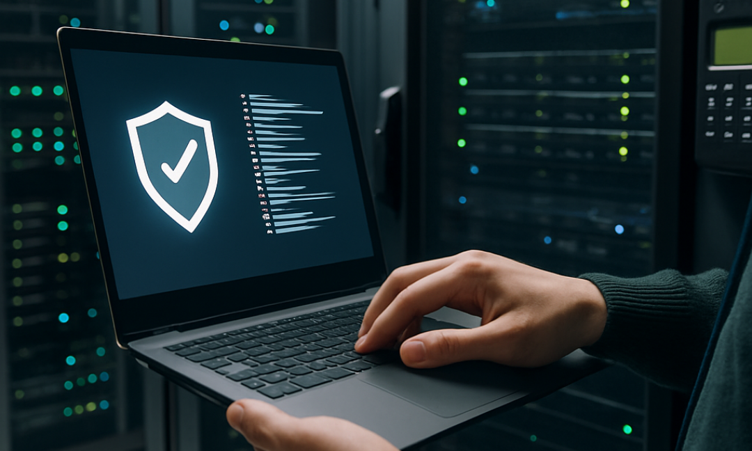 Real estate agent working on a laptop protected by endpoint security software
