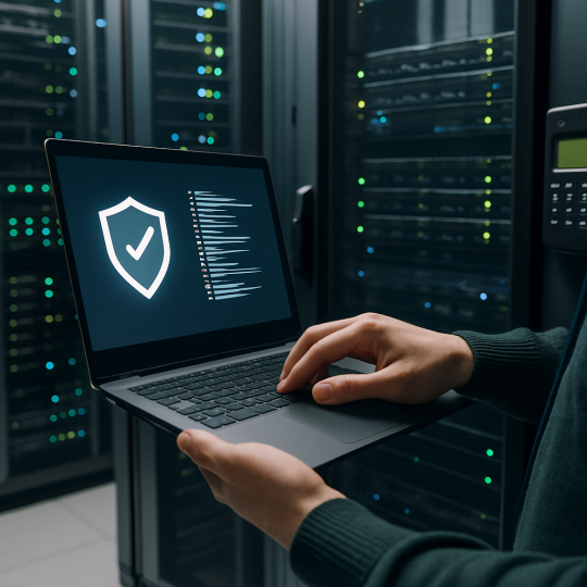 Real estate agent working on a laptop protected by endpoint security software