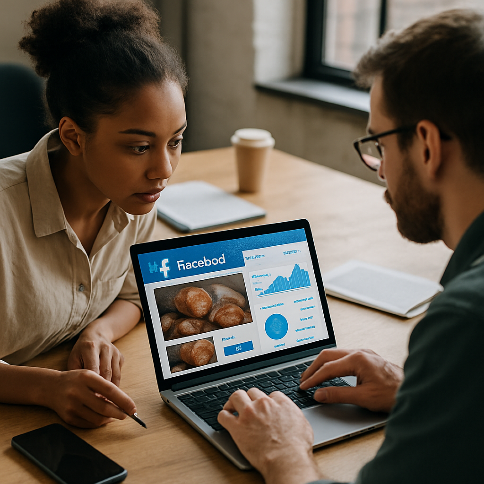 Bakery owner reviewing Facebook ads for bakeries campaign on laptop with fresh pastries nearby