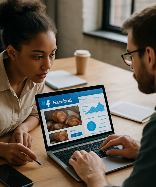 Bakery owner reviewing Facebook ads for bakeries campaign on laptop with fresh pastries nearby