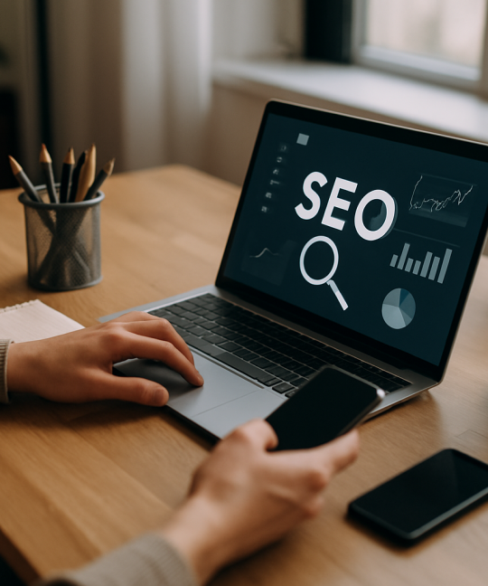 Salon owner optimizing a Google Business Profile on a laptop to attract local clients