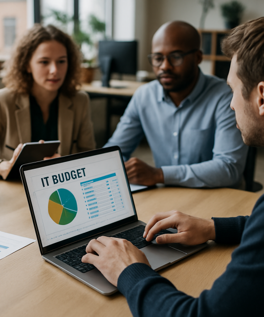 CFO reviewing IT budget planning charts with a technology team in 2026