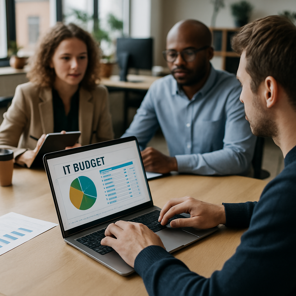 CFO reviewing IT budget planning charts with a technology team in 2026