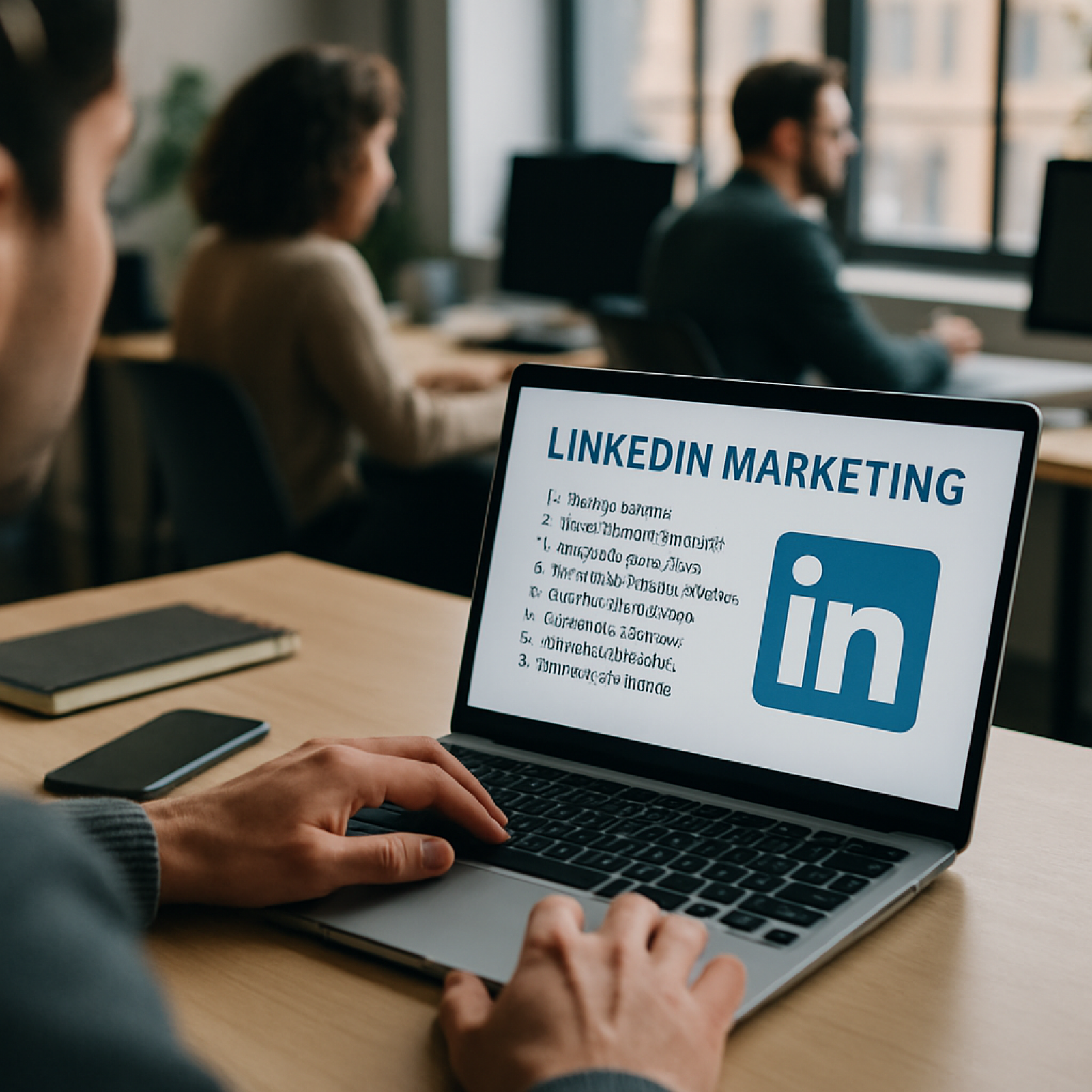 Marketer reviewing LinkedIn marketing tactics dashboard for B2B lead generation