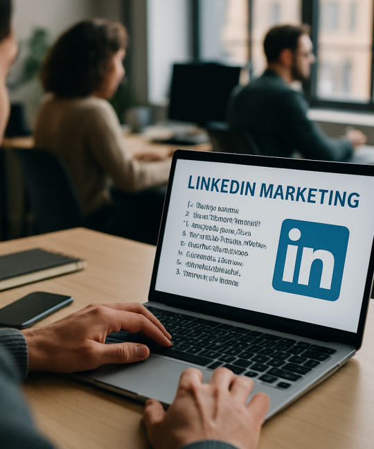 Marketer reviewing LinkedIn marketing tactics dashboard for B2B lead generation