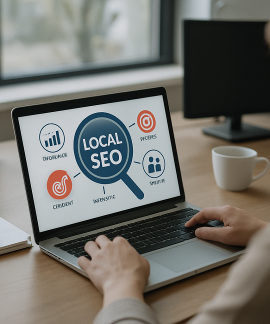 Dentist reviewing dental local SEO ranking dashboard on laptop