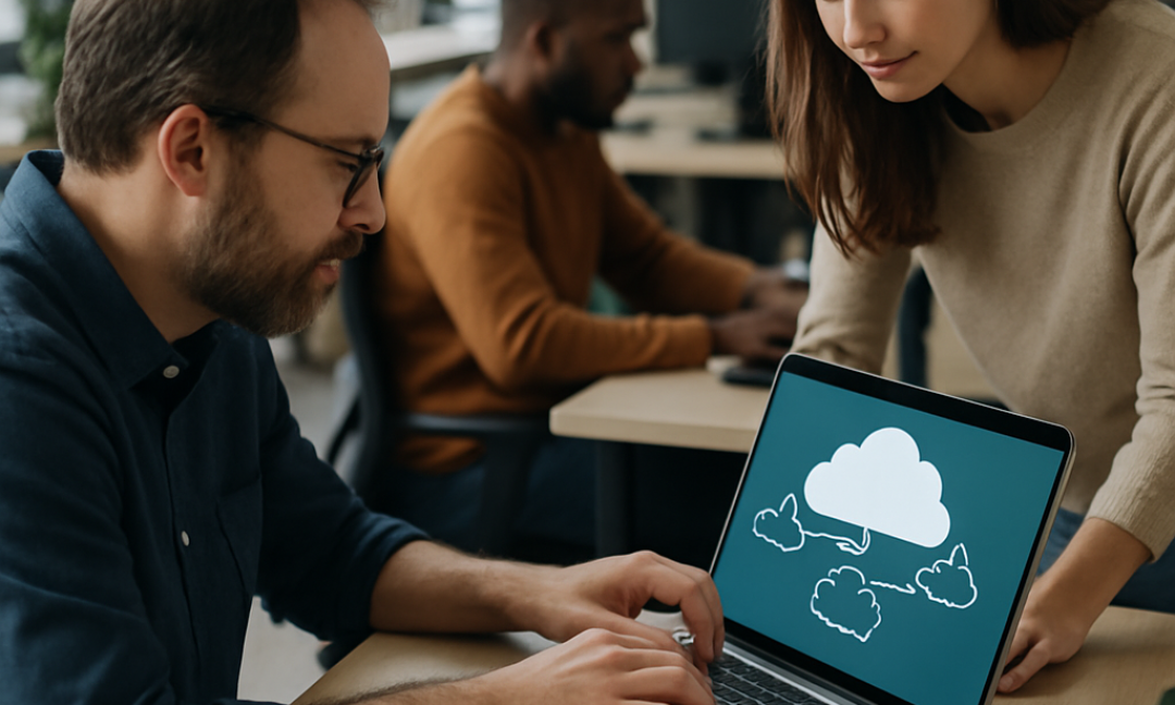 Enterprise architects reviewing a multi-cloud strategy dashboard across AWS, Azure, and GCP