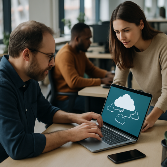 Enterprise architects reviewing a multi-cloud strategy dashboard across AWS, Azure, and GCP