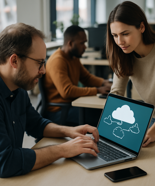 Enterprise architects reviewing a multi-cloud strategy dashboard across AWS, Azure, and GCP