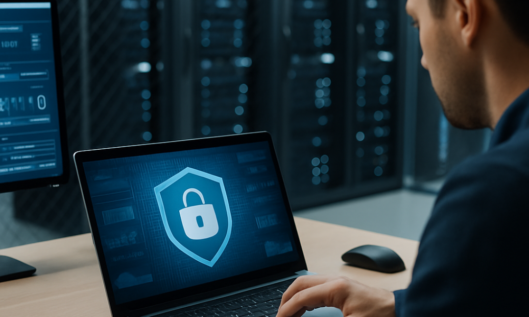 Retail store manager reviewing ransomware defense dashboard on a laptop