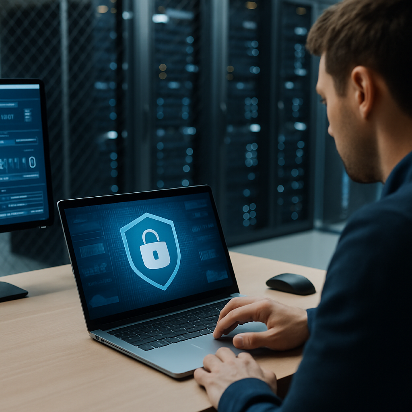 Retail store manager reviewing ransomware defense dashboard on a laptop