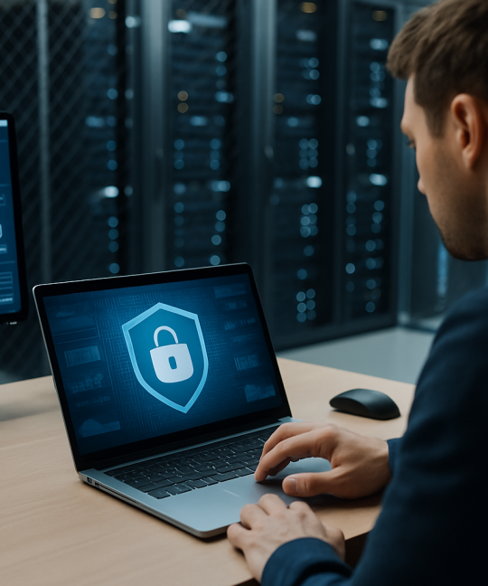 Retail store manager reviewing ransomware defense dashboard on a laptop