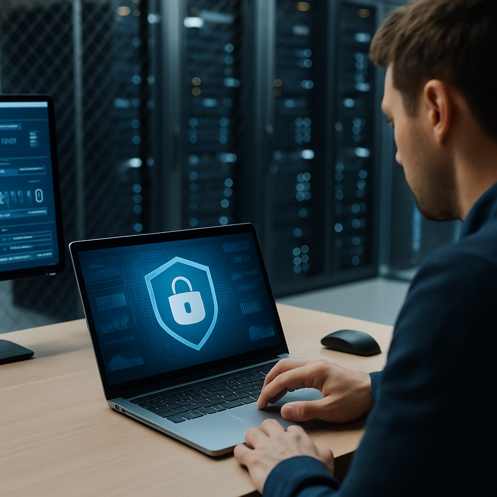 Retail store manager reviewing ransomware defense dashboard on a laptop