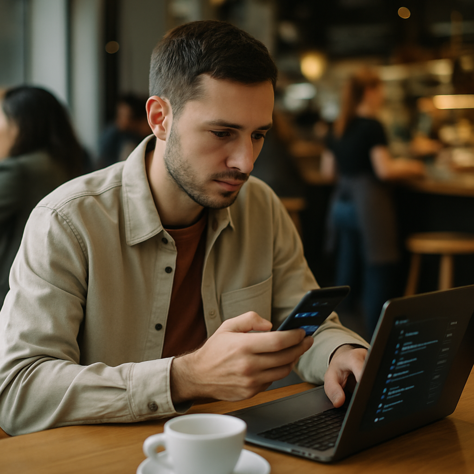 Barista using threads marketing tactics on a phone inside a busy café
