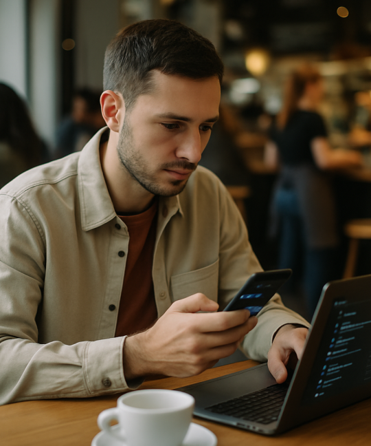Barista using threads marketing tactics on a phone inside a busy café