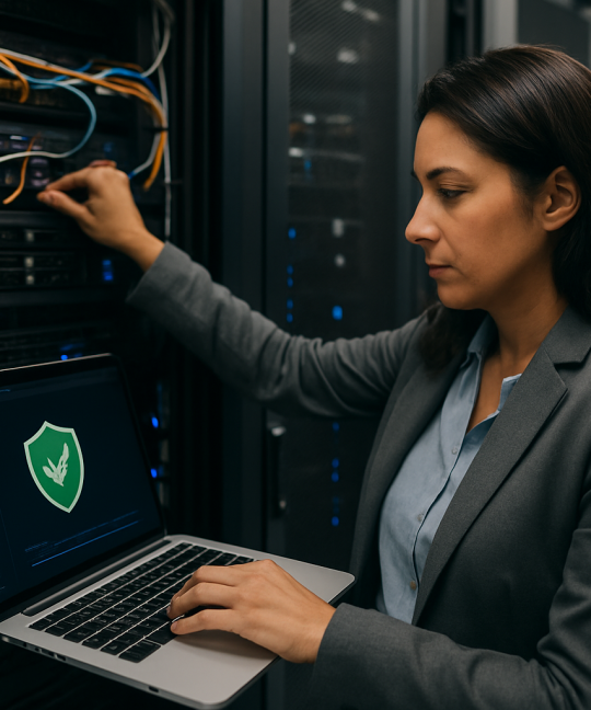 Accountant reviewing zero trust security dashboard on laptop with client financial data