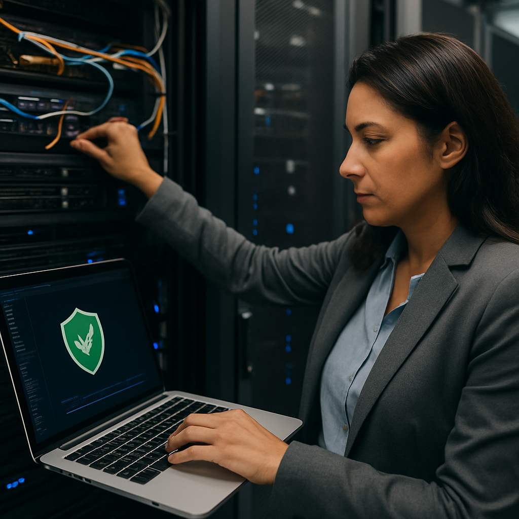 Accountant reviewing zero trust security dashboard on laptop with client financial data