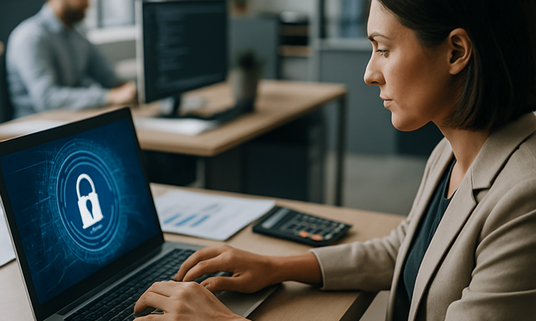 Accountant reviewing zero trust security dashboard on laptop in modern office