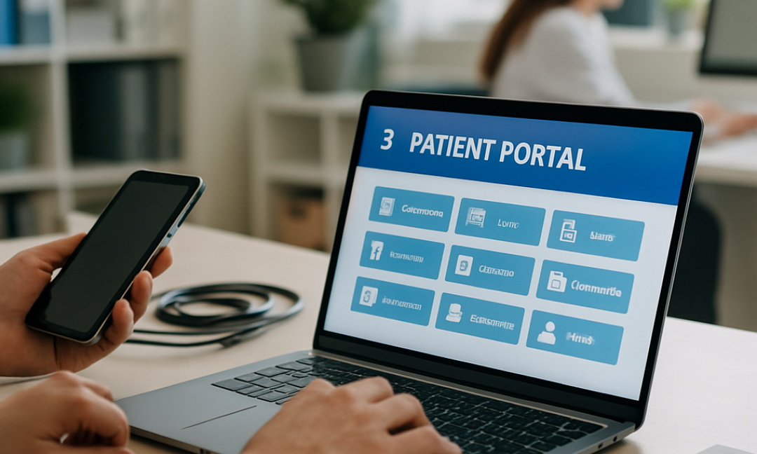 Doctor and patient using a clinic patient portal on a tablet during a consultation.