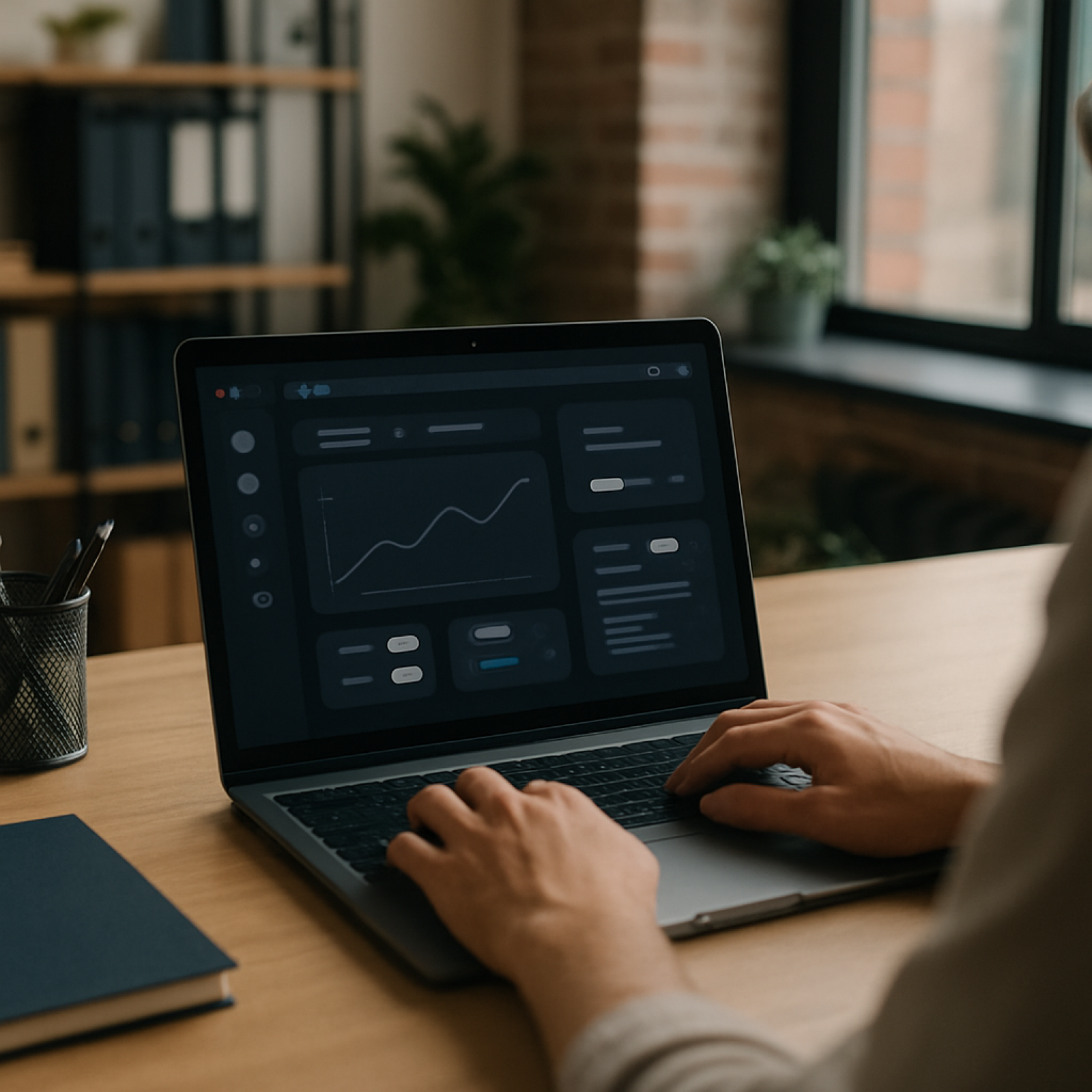 Designer reviewing dark mode UI design mockups on a laptop screen at night