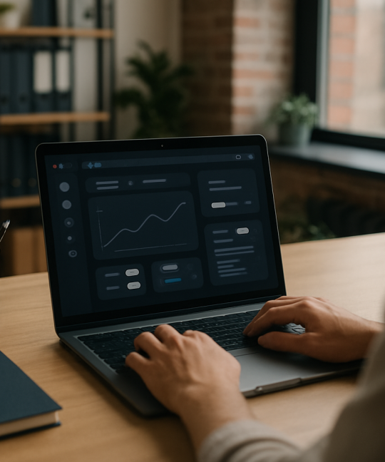 Designer reviewing dark mode UI design mockups on a laptop screen at night
