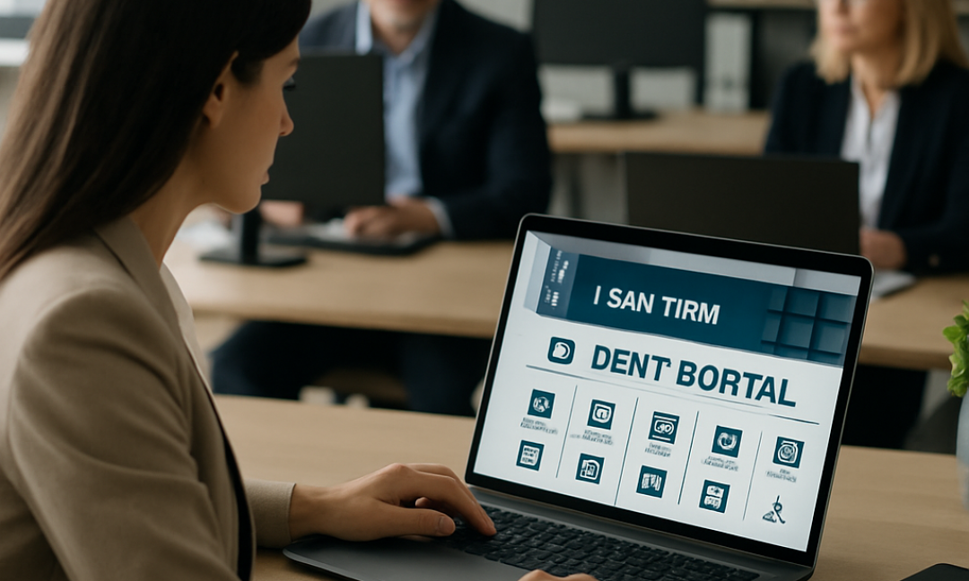 Attorney and client reviewing a secure law firm web portal on a laptop