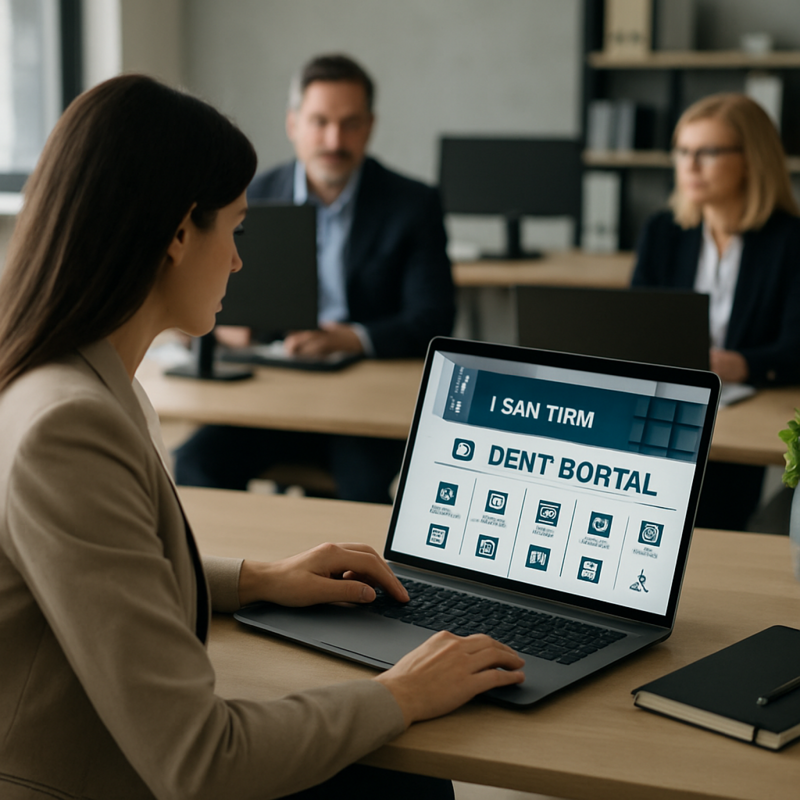 Attorney and client reviewing a secure law firm web portal on a laptop