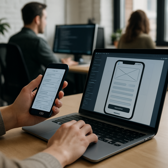 Designer sketching mobile navigation UX patterns on a tablet next to a phone prototype
